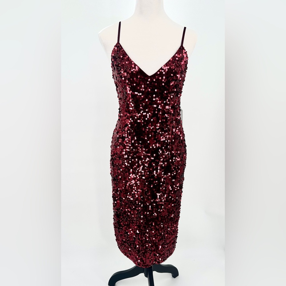 Express X Karla Red Sequin Bodycon Midi Dress Size M Spaghetti Strap Sparkly NWT